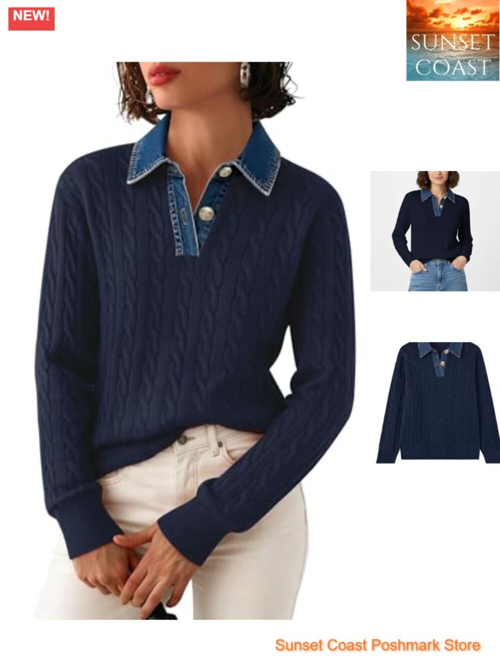 Women's Denim Lapel V-Neck Button Cable Knit Loose Pullover Sweater